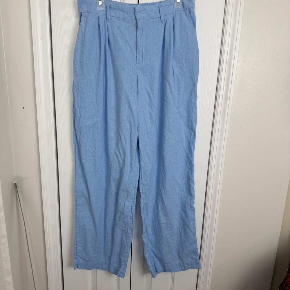 A‎ New Day Linen Blend Pleated Pants 10 Blue Wide Leg Coastal Summer Trousers